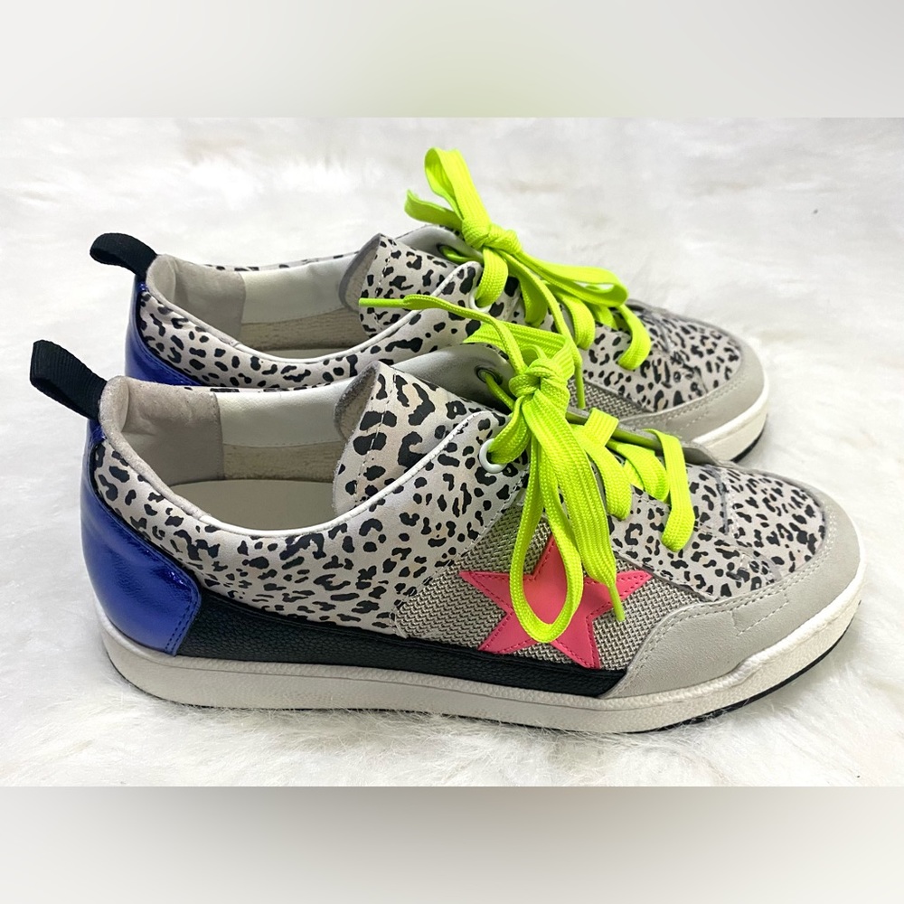 Steve Madden Leopard Print Sneakers with Neon Yellow Laces and Pink Star Accent